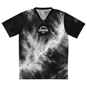 🚵‍♂️ Crank Style Unisex Black & White Tie-die Lightning V-Neck MTB Jersey ⚡️  Ready to conquer the trails in style? Gear up with our Black and white Tie-die Lightning V-Neck MTB Jersey, exclusively at Crank Style! Crafted for the mountain biking enthusiast, this jersey blends rugged performance and bold aesthetics.