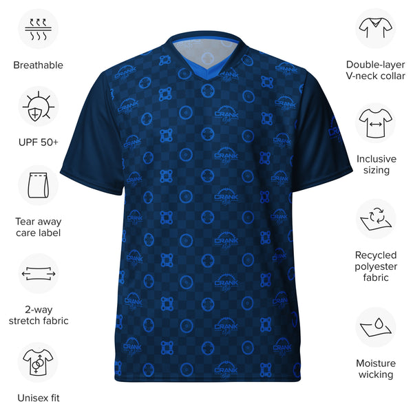 Recycled Unisex UPF50+ Blue Crank Style Bike Check V-Neck MTB Jersey