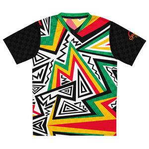 Rasta Abstract Check UPF50+ V-Neck MTB Jersey, exclusively available at Crank Style! Crafted with the passionate mountain biker in mind, this jersey seamlessly blends rugged performance with vibrant Rasta style.