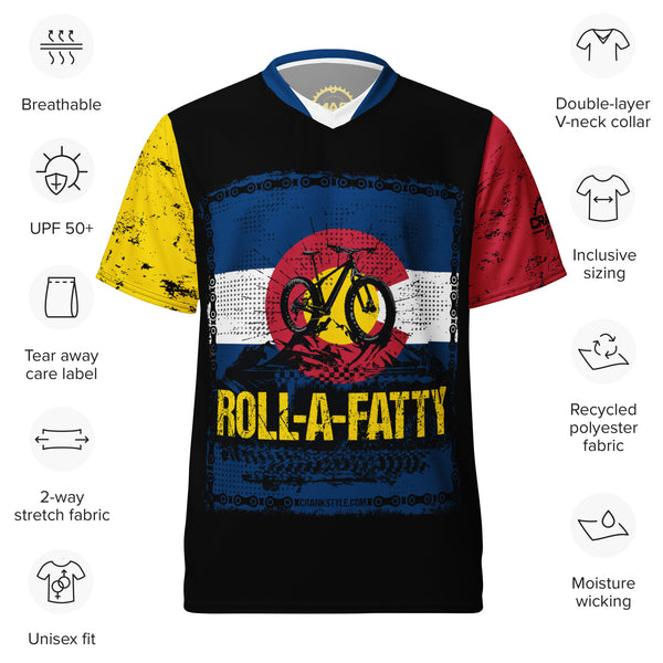 Ride with style, performance, and a subtle nod to the chill vibes of rolling one up. The Crank Style RollaFatty Jersey makes your journey an experience that transcends the trails, inspired by Colorado's beautiful landscapes and adventurous spirit.