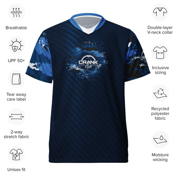 Crank Style, MTB jersey, blue carbon camo, recycled polyester, moisture-wicking, UPF50+, V-neck collar, unisex activewear, outdoor enthusiasts, hiking gear, running shirt, gym wear, breathable fabric, eco-friendly sportswear, mountain biking jersey.
