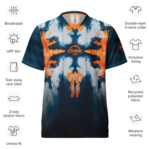 Crank Style's MTB jersey, mountain biking jersey, tie-dye bike jersey, colorful cycling jersey, men’s MTB jersey, women’s MTB jersey, UPF50+ bike jersey, moisture-wicking MTB jersey, high-performance cycling apparel, enduro MTB jersey, downhill biking gear, recycled polyester bike jersey, cycling gift ideas, UV protection bike jersey.