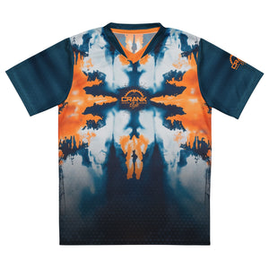 Crank Style's MTB jersey, mountain biking jersey, tie-dye bike jersey, colorful cycling jersey, men’s MTB jersey, women’s MTB jersey, UPF50+ bike jersey, moisture-wicking MTB jersey, high-performance cycling apparel, enduro MTB jersey, downhill biking gear, recycled polyester bike jersey, cycling gift ideas, UV protection bike jersey.