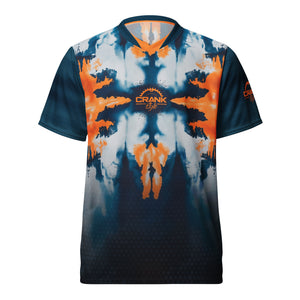 Crank Style's MTB jersey, mountain biking jersey, tie-dye bike jersey, colorful cycling jersey, men’s MTB jersey, women’s MTB jersey, UPF50+ bike jersey, moisture-wicking MTB jersey, high-performance cycling apparel, enduro MTB jersey, downhill biking gear, recycled polyester bike jersey, cycling gift ideas, UV protection bike jersey.