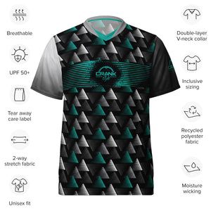 Crank Style MTB jersey, mountain biking jersey, geometric bike jersey, modern cycling jersey, men’s MTB jersey, women’s MTB jersey, UPF50+ bike jersey, moisture-wicking MTB jersey, high-performance cycling apparel, enduro MTB jersey, downhill biking gear, recycled polyester bike jersey, sustainable cycling gear, UV protection bike jersey.