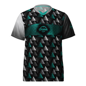 Crank Style MTB jersey, mountain biking jersey, geometric bike jersey, modern cycling jersey, men’s MTB jersey, women’s MTB jersey, UPF50+ bike jersey, moisture-wicking MTB jersey, high-performance cycling apparel, enduro MTB jersey, downhill biking gear, recycled polyester bike jersey, sustainable cycling gear, UV protection bike jersey.
