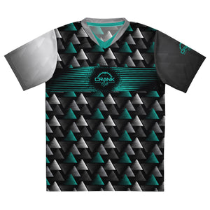 Crank Style MTB jersey, mountain biking jersey, geometric bike jersey, modern cycling jersey, men’s MTB jersey, women’s MTB jersey, UPF50+ bike jersey, moisture-wicking MTB jersey, high-performance cycling apparel, enduro MTB jersey, downhill biking gear, recycled polyester bike jersey, sustainable cycling gear, UV protection bike jersey.