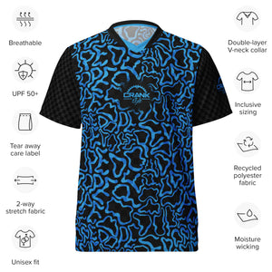Crank Style's MTB jersey, mountain biking jersey, blue checkered bike jersey, modern cycling jersey, 420-friendly bike jersey, weed-friendly MTB jersey, cannabis lifestyle apparel, UPF50+ bike jersey, moisture-wicking MTB jersey, high-performance cycling apparel, enduro MTB jersey, downhill biking gear, recycled polyester bike jersey, sustainable cycling gear, UV protection bike jersey, stoner-friendly MTB jersey, bike jersey for weed lovers.
