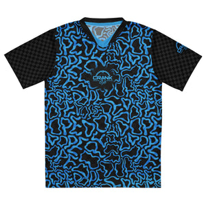 Crank Style's Dope MTB jersey, mountain biking jersey, blue checkered bike jersey, modern cycling jersey, 420-friendly bike jersey, weed-friendly MTB jersey, cannabis lifestyle apparel, UPF50+ bike jersey, moisture-wicking MTB jersey, high-performance cycling apparel, enduro MTB jersey, downhill biking gear, recycled polyester bike jersey, sustainable cycling gear, UV protection bike jersey, stoner-friendly MTB jersey, bike jersey for weed lovers.
