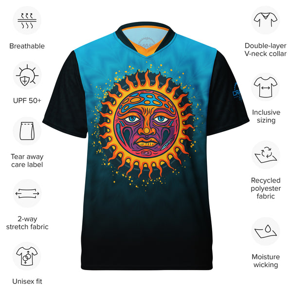Crank Style SunRipper MTB jersey with psychedelic sun design, UPF 50+, recycled fabric, breathable and moisture-wicking