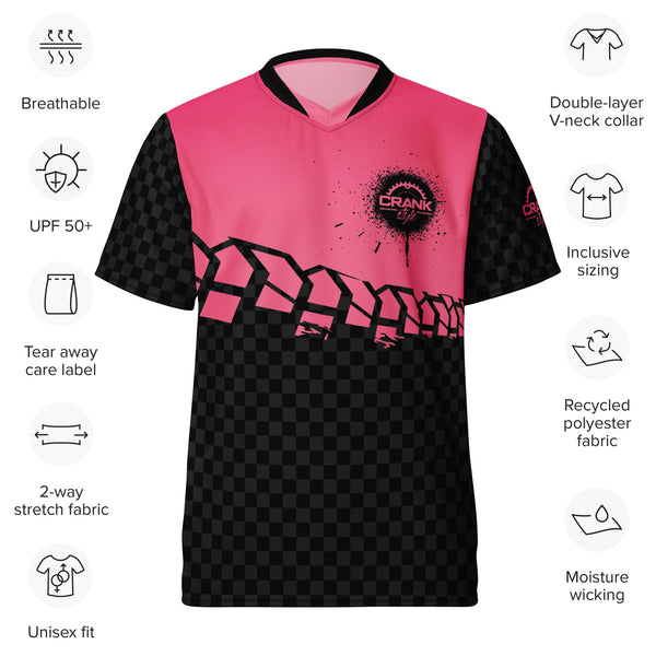 Unisex Hot Pink Tire Check UPF50+ V-Neck MTB Jersey - Crank Style