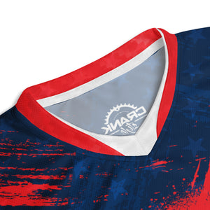 Unisex Red White, & Blue Carbon Paint UPF50+ V-Neck MTB Jersey