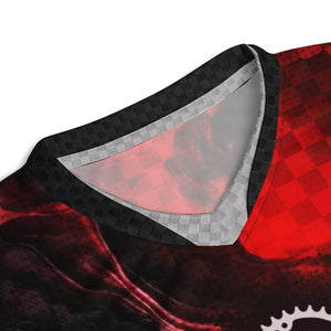 Recycled Unisex Red & Black Paint Swirl Check UPF50+ V-Neck MTB Jersey