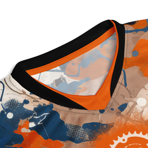 🚴‍♂️ Crank Style's Recycled Unisex UPF50+ Blue & Orange Graffiti V-Neck MTB Jersey 🌲🌍  Elevate your mountain biking experience with our eco-friendly and stylish MTB jersey from Crank Style! Crafted with care from 100% recycled polyester fabric, this jersey combines performance and sustainability seamlessly.