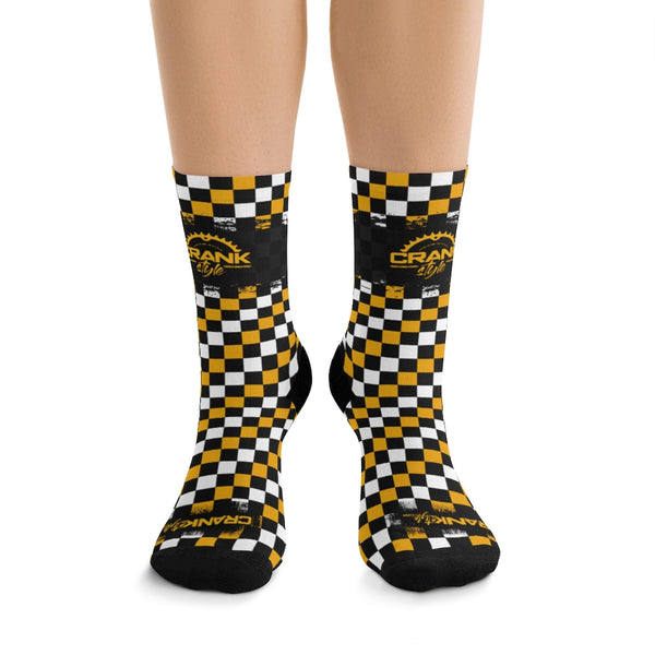 Black, yellow and white checkerboard mountain bike performance socks. these are great for Pittsburg Steeler and Pirates fans as well as anyone that loves hiking! Now you can look good and perform while cranking in style! crank style socks! 