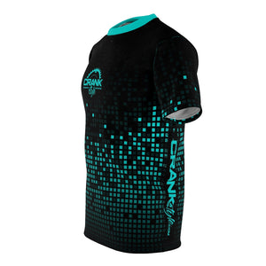 Crank Style's Matrix Teal & Black Checker MTB DriFit Jersey This high-quality shirt's uniquely textured, thick microfiber knit fabric wicks perspiration rapidly away from the skin, drawing it to the surface where it quickly evaporates. The fabric feels soft and super comfy against the skin. Will become your go-to shirt!
