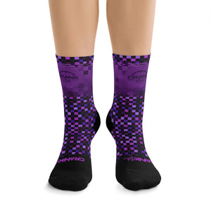 Crank Style's Purple Multi checker board mountain bike cycling socks. These are super breathable and comfortable. One size fits all from children to size 13 adults. 