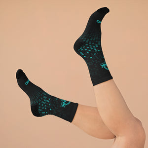 Crank Style's Unisex Teal & Black Matrix Checker 3/4 MTB Socks These socks are made using a proprietary blend of yarns; they are a 200 needle knit crew with half terry cushioned buttons for extra support and comfort. They are truly one size fits most and are available for up to size 12 males (U.S.). They have an unprecedented amount of stretch with durable quality. Great for adding additional style to your daily grind or shredding on the trails. We highly recommend cranking in style with these babies. 