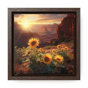 Elevate your space with the captivating "Grand Canyon at Sunset with Sunflowers" artwork. This square gallery-wrapped canvas print boasts enduring quality and impeccable detailing. Available in multiple sizes with walnut or black frames, it effortlessly complements any decor. Crafted from premium 100% cotton fabric canvas, it ensures exceptional image quality. Perfect for indoor use, this artwork adds a touch of elegance to any room. Experience the unparalleled beauty it brings to your walls.