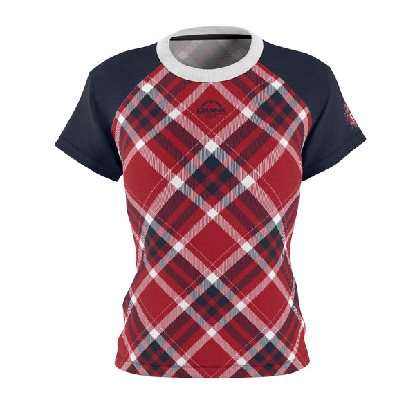 Crank Style's Red white and Blue Plaid MTB  Short Sleeve Jersey for women . Drifit microfiber material that wickens the moisture away from the body as you shred the trails. Makes riding more comfortable and fun when your clothes perform and look great while doing what you love!