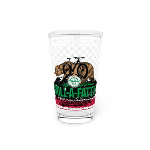 Crank Style's California State Flag, Roll-a-Fatty 16oz pint glass with bike chain and checkers to flow.