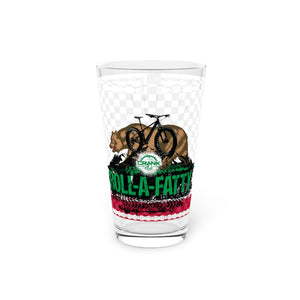 Crank Style's California State Flag, Roll-a-Fatty 16oz pint glass with bike chain and checkers to flow.