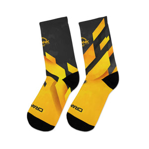 Introducing Crank Style's Unisex MTB socks in Yellow & Grey Abstract Camo design. These soft, breathable, and stylish socks feature a proprietary blend of yarns and 200-needle knit construction. With cushioned bottoms for extra support, they offer a comfortable fit for sizes up to US size 12. These moisture-wicking socks are made with premium fabric composition and are perfect for fashionable mountain biking. Complete your look with matching jerseys. Shop now for trendy and functional MTB socks.