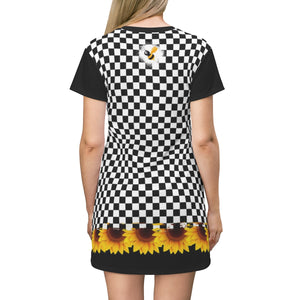 Black & White Checkerboard Pattern with Sunflowers T-shirt Dress Back with a little bumble bee