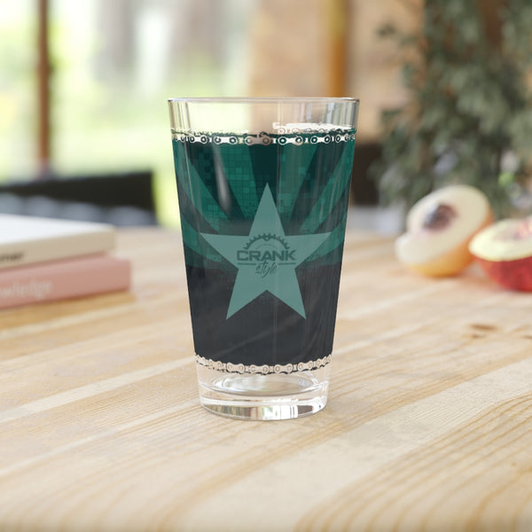 Crank Styles Mountain bike 16 oz pint glass in teal Arizona Flag design with a digital checker pattern. Beer, bikes and fun! Drink responsible and keep cranking!
