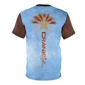 Crank Style's Mountain bike dri-fit Jersey of the Grand Canyon with the Arizona flag in the canyon colors and bike chain boarder. Blue with brown topographic sleeves. Customer favorite!