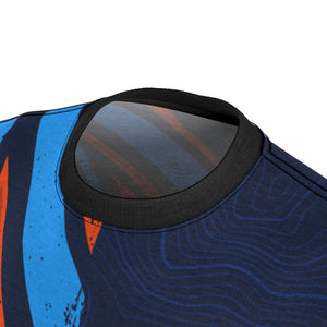 Men's Blue & Orange Racing Stripes & Topographic MTB Jersey