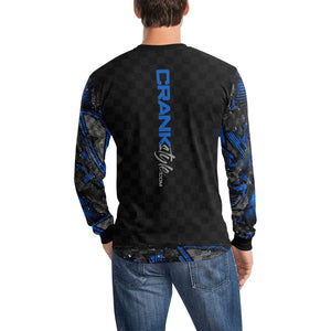 Crank Style's Men's Black, Blue, & Grey Graffiti-Checker Long Sleeve MTB Jersey. Solid Black cuffs and collar