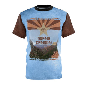 Crank Style's Mountain bike dri-fit Jersey of the Grand Canyon with the Arizona flag in the canyon colors and bike chain boarder. Blue with brown topographic sleeves.  Customer favorite! 
