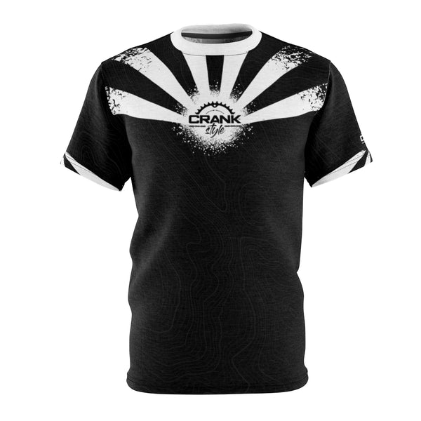 Crank Style's Black and white Arizona State Flag with topographic pattern front and back. Drifit microfiber fabric for comfort and breathability! Awesome Mountain Biking Jersey tech shirt!