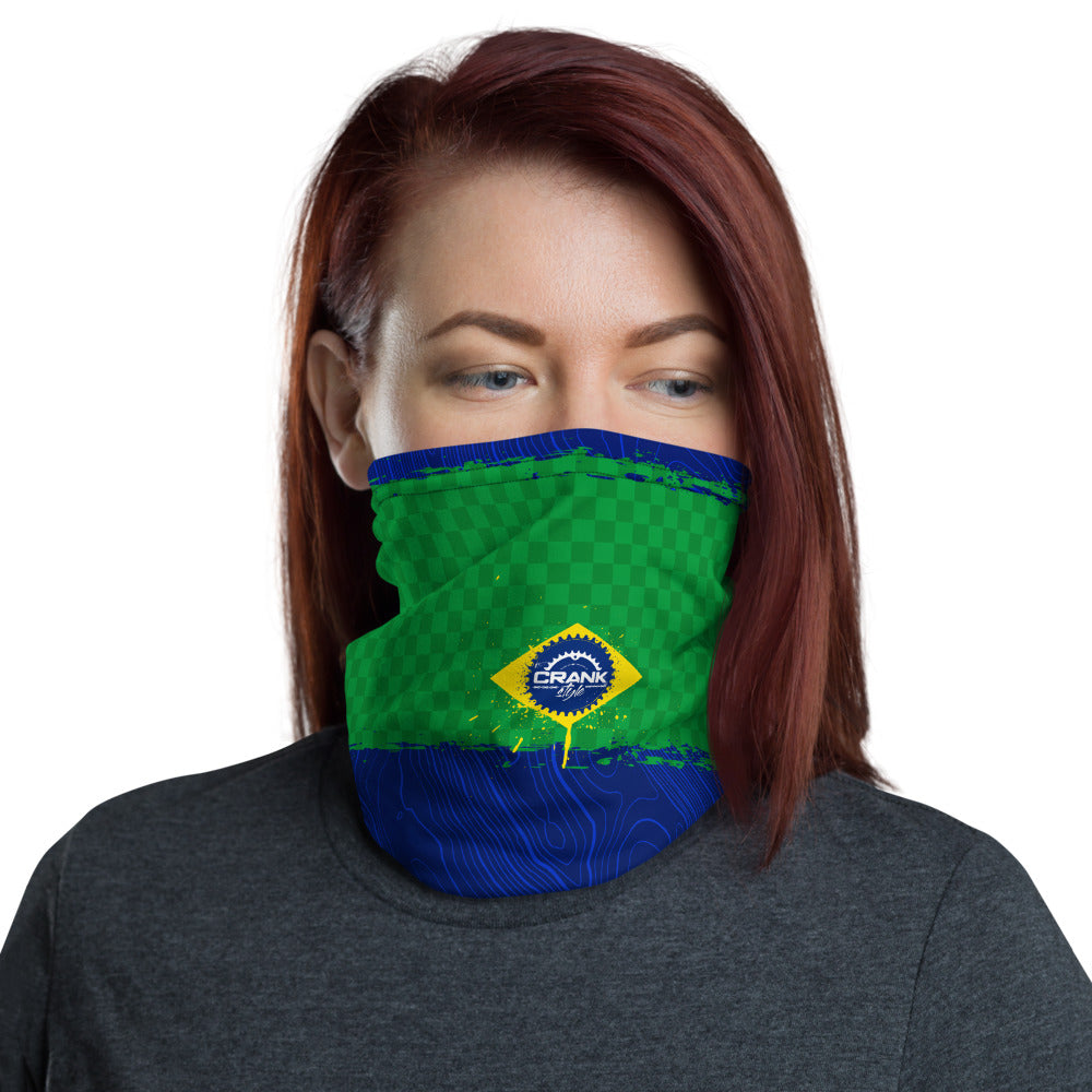 Brazil Flag Face mask, neck gaitor, headband. with topographic and checker pattern. Complimenting the crank style logo. Great for all sports, mountain biking, hiking, fishing, snowboarding and protecting from the elements. Even block that nasty corona virus. 