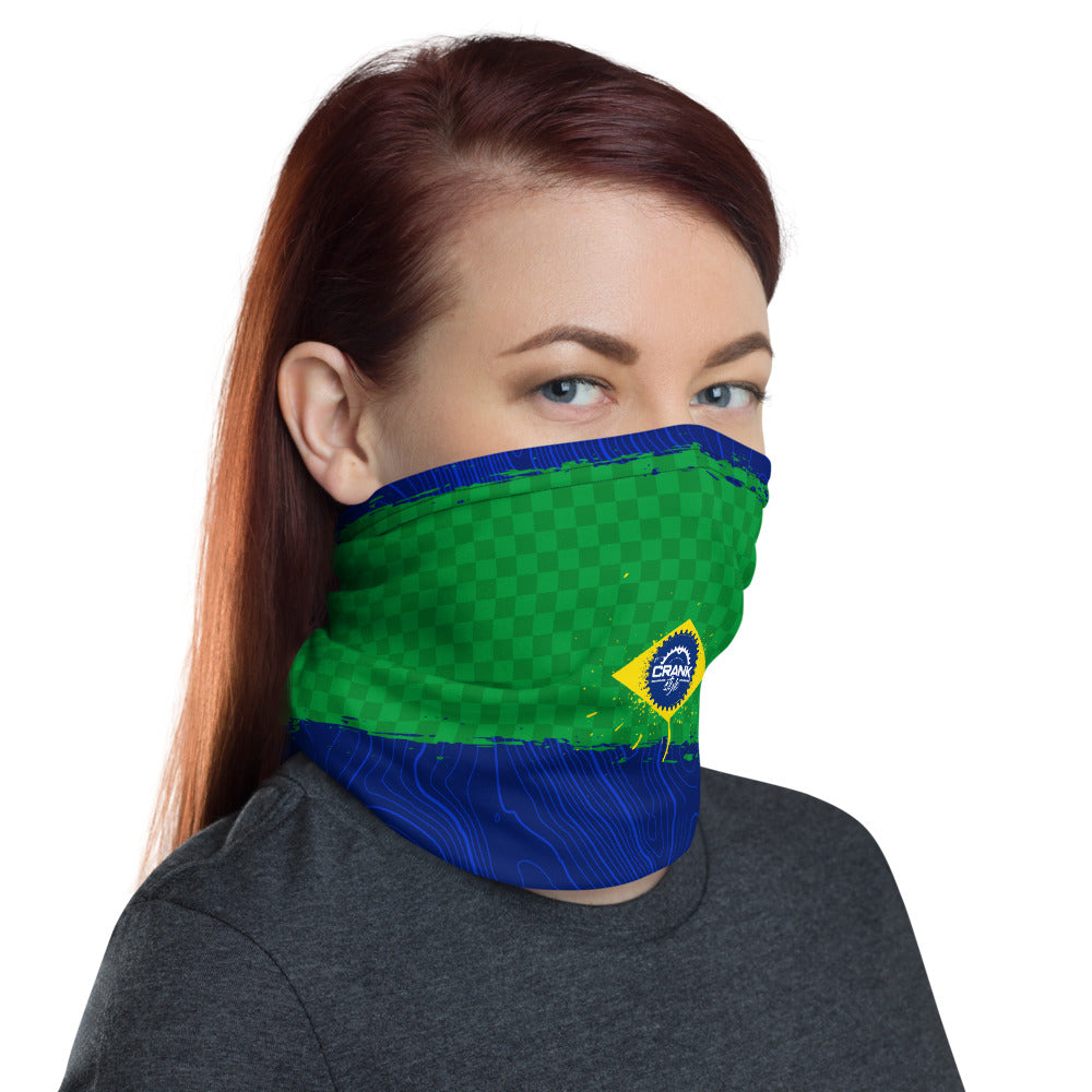 Brazil Flag Face mask, neck gaitor, headband. with topographic and checker pattern. Complimenting the crank style logo. Great for all sports, mountain biking, hiking, fishing, snowboarding and protecting from the elements. Even block that nasty corona virus. 