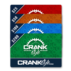 Crank Style Mountain bike, cycling, gravel grinder and BMX gear is now availabe for gift cards. You can give them to friends, family or fellow riders. Now everyone can share the love of riding bikes and crank style. Support a local business. 