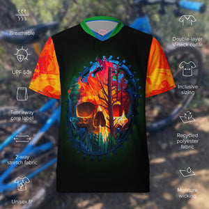 Crank Style's Chainring Skull Tree UPF50+ UNISEX V-NECK MTB JERSEY This MTB jersey is crafted from 100% recycled polyester fabric, designed to encourage both breathability and wicking away moisture. Its double-layered v-neck collar provides a chic and polished look, perfect for injecting some vibrancy into your trail rides this season.