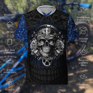 Crank Style's Day of Dead Bandana UPF50+ Unisex Mountain Bike V-Neck Jersey  This unisex Mountain Bike V-Neck Jersey is crafted from 100% recycled polyester for a breathable, moisture-wicking fit. Its double-layered v-neck collar elevates the design for a refined aesthetic.