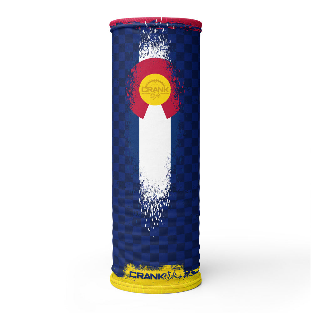 Colorado Flag Face Nask Neck Gaitor headband with checker and topographic pattern. Now you can protect yourself from the harmful elements and crank in style, Crank Style. 