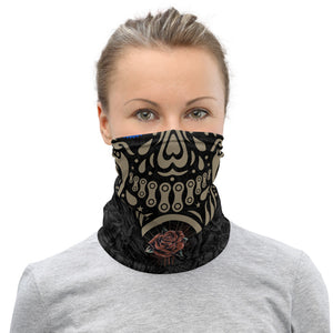 Crank Style's Day of the Dead Gold Gear Head skull with red rose on a all over print of skulls. Makes an awesome face mask, neck gaitor, head band, wrist band and even hat. Great for mountain biking, hiking or just protecting yourself from the gnarly elements. COVID