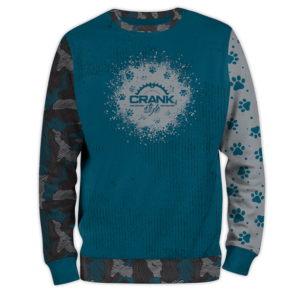 Dog paw print and new age camo pattern all over sweatshirt. Tealish blue and grey. Very sof and cozy. For all dog lovers and mountain bike riders. 
