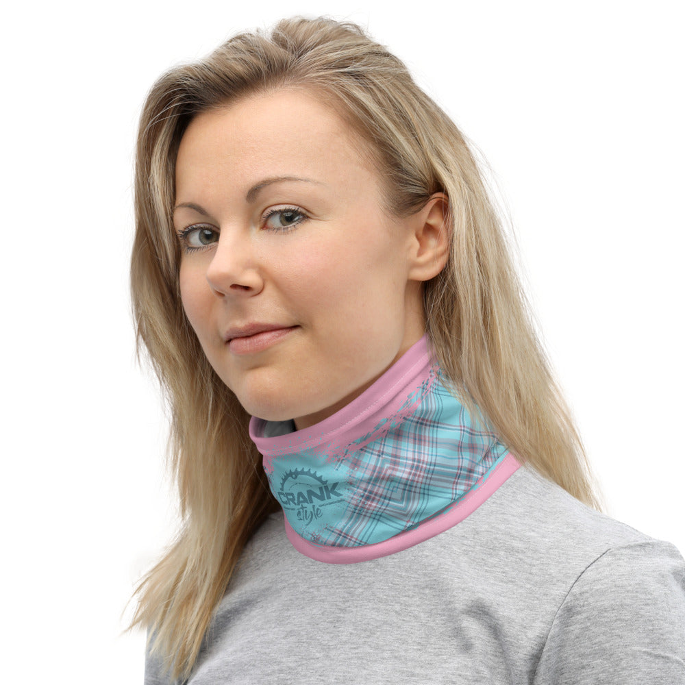 Washable and reusable Pink and aqua plaid face mask, neck gaiter, headband. These are great for protecting yourself from the elements and even the coronavirus (covid19). Now you can be fashionable and practical. Either on the trails as you shred or running to the store. .