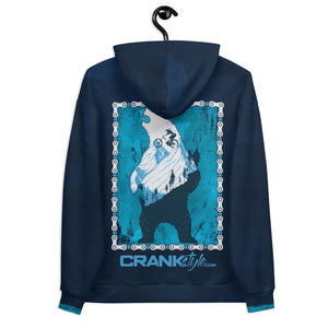 Crank Style's Downhill Roar Bear Hoodie with Blue and teal textured backgrounds. The bear design has a bike chain boarder to rreally dial in the design. Great for cold weather rides or just hanging out with your friends. Camping, hiking or mountain biking. 