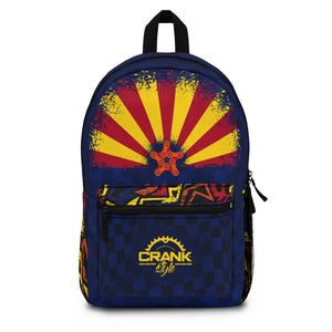 Arizona Flag Backpack, This lightweight and durable bag can take a beating on the most rugged trails as well as look good while doing it. Mountain biking. Blue Checkerboard pattern, with AZ flag and Graffiti pattern. Crank Style's newest addition. MADE IN THE USA