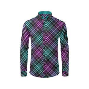 Crank Style's new Unisex Purp & Teal Plaid Check LS Button-Up MTB Shirt—a perfect blend of style and functionality for mountain biking adventures.  Crafted from 100% polyester, this shirt delivers unparalleled comfort, breathability, and a soft touch. The classic button-down design and long sleeves add a touch of sophistication to your MTB attire. 