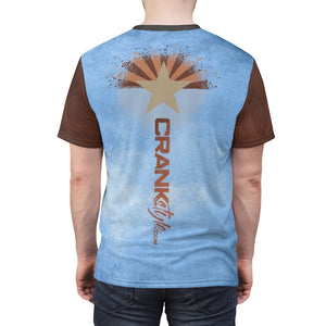 Crank Style's Mountain bike dri-fit Jersey of the Grand Canyon with the Arizona flag in the canyon colors and bike chain boarder. Blue with brown topographic sleeves. Customer favorite!