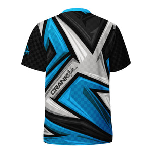 Crank Style's Blue, Grey, & Black Racing Style Check UPF50+ Unisex Mountain Bike Jersey  Looking for the perfect Mountain Bike jersey? We have you covered—made of 100% recycled polyester fabric; this shirt is breathable, moisture-wicking, and has a double-layered v-neck collar that creates a premium look.