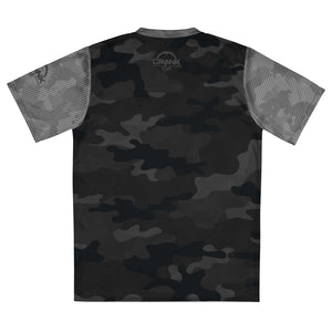 Crank Style's MTN Eagle Black & Grey Camo UPF50+ Unisex Mountain Bike V-Neck Jersey  This unisex Mountain Bike V-Neck Jersey is crafted from 100% recycled polyester for a breathable, moisture-wicking fit. Its double-layered v-neck collar elevates the design for a refined aesthetic.