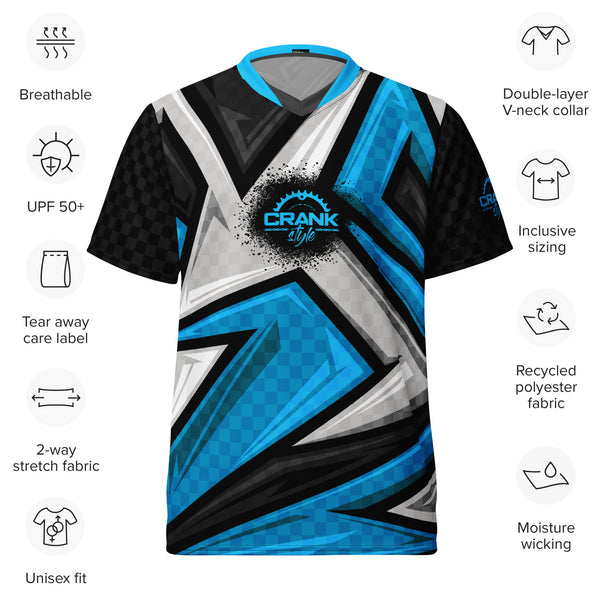 Crank Style's Blue, Grey, & Black Racing Style Check UPF50+ Unisex Mountain Bike Jersey  Looking for the perfect Mountain Bike jersey? We have you covered—made of 100% recycled polyester fabric; this shirt is breathable, moisture-wicking, and has a double-layered v-neck collar that creates a premium look.